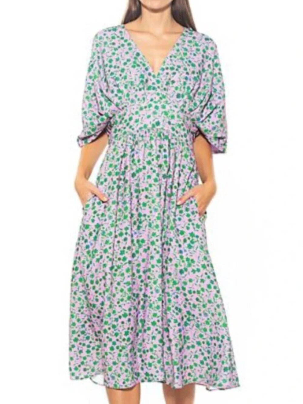 Alexia Admor August Floral Midi Dress 8 Purple Green V Neck Puff Sleeve Romantic